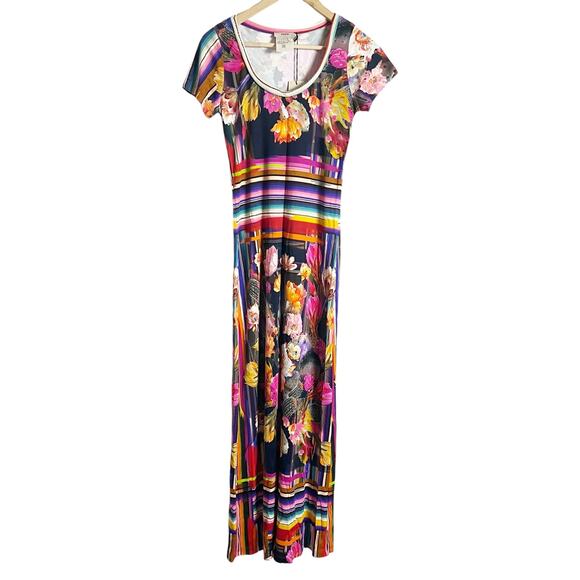 Fuzzi Striped Floral Multicolor Short Sleeve Scoop Neck Jersey Maxi Dress Size S - Picture 1 of 10